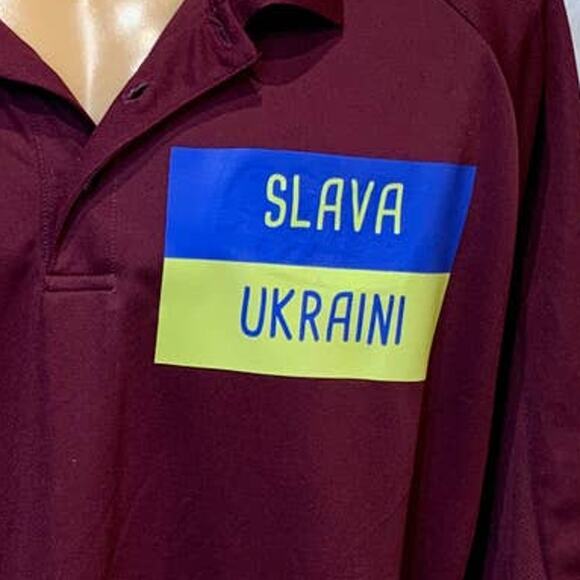 Upcycled Hand Printed Mens 2XL Ukraine Flag Slava Ukraini Artist Fundraiser Polo - Picture 2 of 4